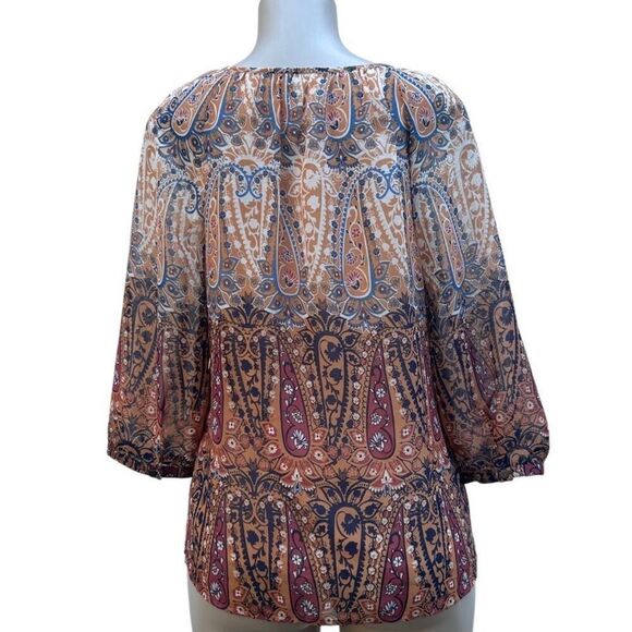 Sara Michelle Peasant Blouse Women's Petite L Neutral Paisley Keyhole 3/4 Sleeve - Picture 14 of 14
